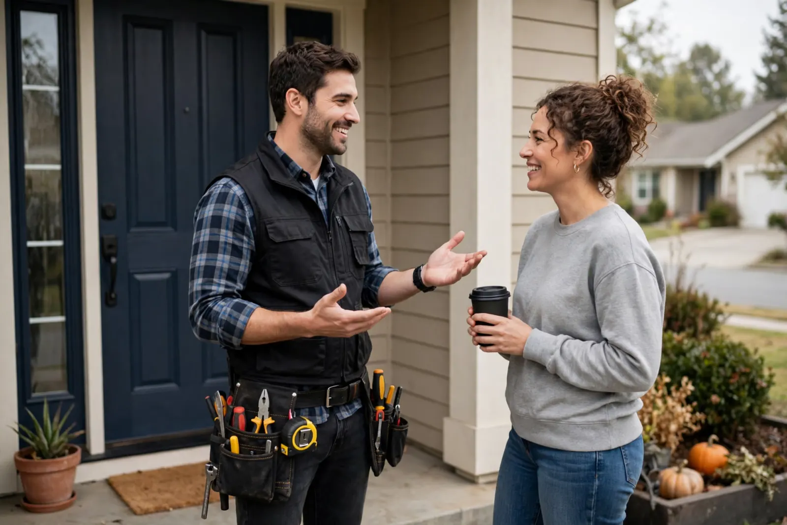An electrician talking with a homeowner at her front door